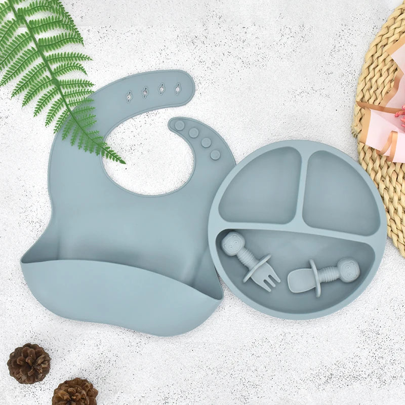 4 unids/set plato de comedor de silicona seguro para bebé, platos sólidos de dibujos animados para niños, juego de vajilla para bebé con cara sonriente, plato Retro para niños