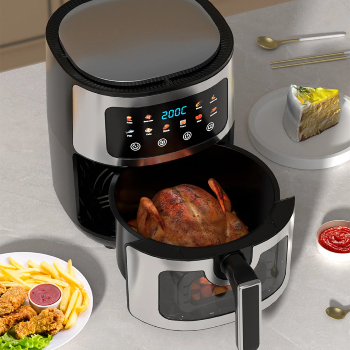 Freidora de Aire Digital de 6 L con Ventana de Visualización, Pantalla de Temperatura, Controles Táctiles, Electrodoméstico de Cocina para Encimera