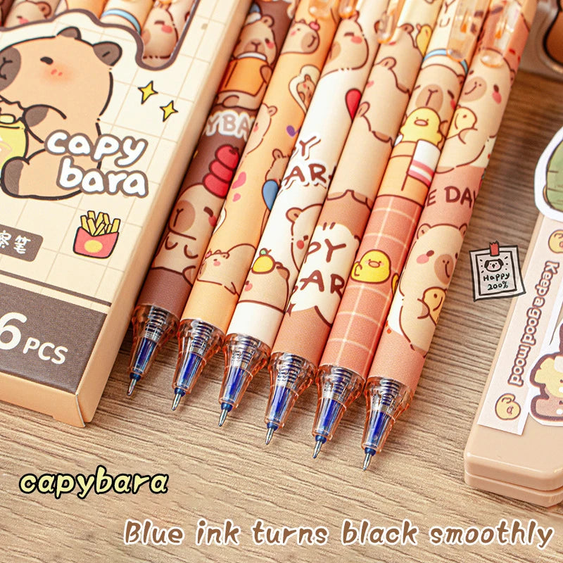 Lindos bolígrafos de gel Capybara: juego de bolígrafos borrables azules de secado rápido Kawaii de 6 piezas para oficina, escuela y papelería estética
