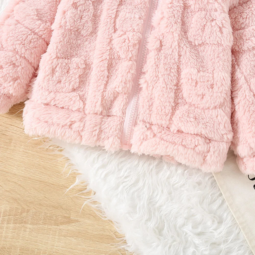 Chaqueta de lana rosa de princesa para niña con patrón de amor, abrigo cálido para niño pequeño, prendas de vestir con capucha, ropa de invierno para bebé