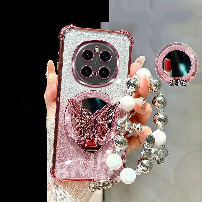 Funda Magnética Antigolpes con Espejo para Realme 14 13 12 Pro Plus C75 C71 C65 C63 C55 C53 C51, Soporte para Teléfono con Diseño de Mariposa y Correa de Pulsera