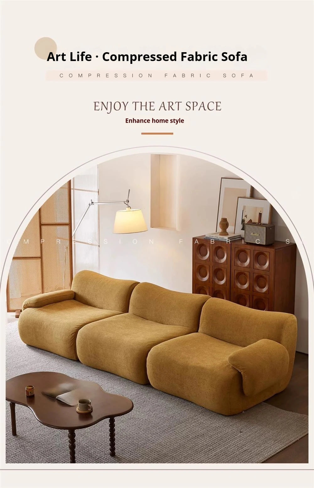 Sofá modular comprimido al vacío, seccional de tela Wabi-Sabi Sherpa con espuma muy elástica, estilo crema de mediados de siglo, ahorro de espacio