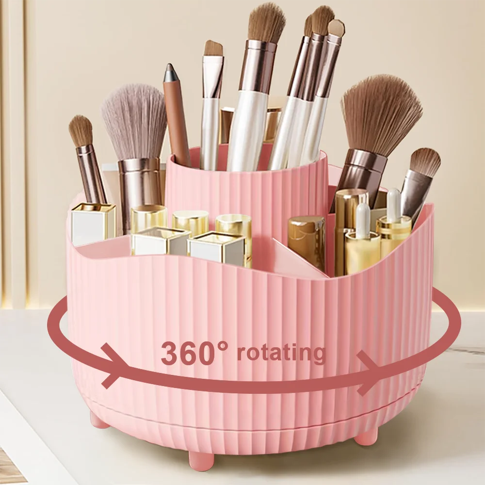 360 °   Caja de almacenamiento giratoria para maquillaje, organizador de maquillaje de escritorio, soporte para brochas cosméticas, soporte para lápiz de cejas y labios, contenedor de joyas