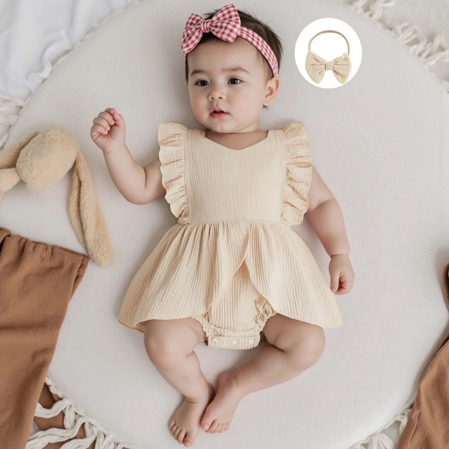 FOCUSNORM 0-18M encantador vestido mameluco para niñas cuello cuadrado manga voladora monos de Color sólido con conjunto de diadema con lazo