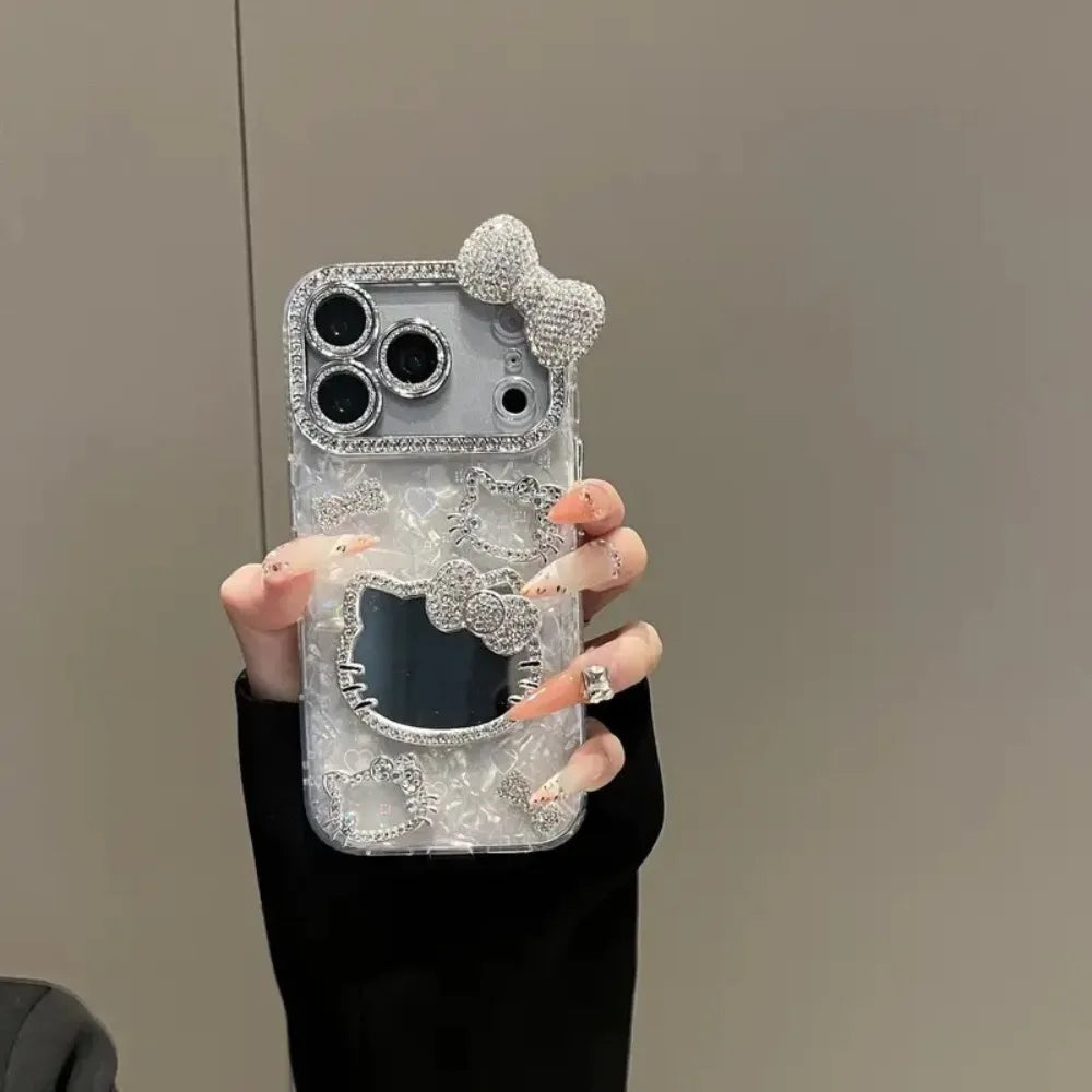Funda de Teléfono 3D con Diseño de Hello Kitty de Sanrio, con Brillantina, para iPhone 17 16 15 14 13 12 Pro Max, Resistente a Impactos, con Espejo de Maquillaje