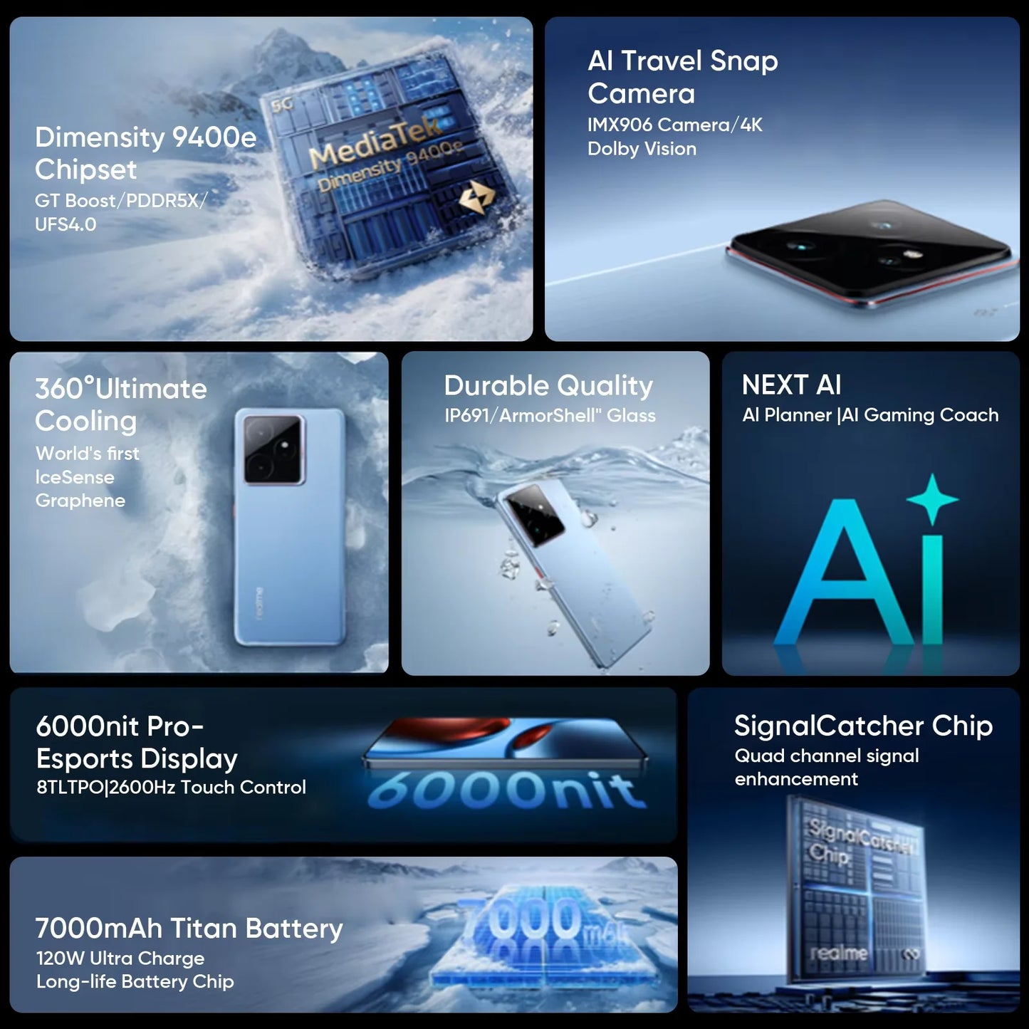Versión para la UE del smartphone realme GT 7 5G con IA, procesador MTK Dimensity 9400e, pantalla Pro-Esports de 6000 nits, batería de 7000 mAh y carga ultrarrápida de 120 W