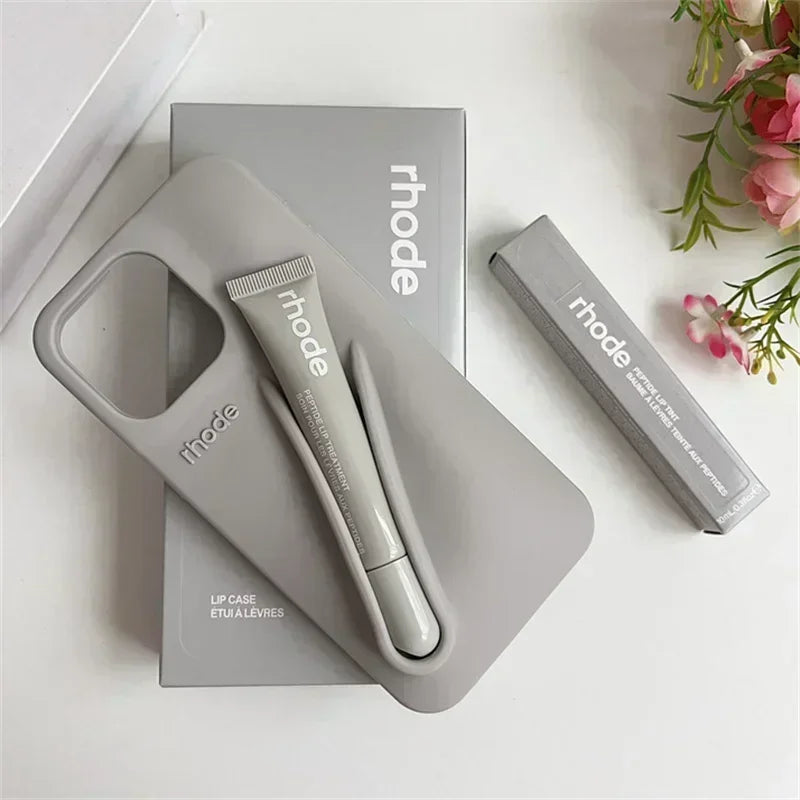 Maquillaje Rhode con caja, soporte para lápiz labial, funda de teléfono para IPhone17 Air 11 12 13 14 15 16 Pro Max Plus, funda suave de silicona para brillo de labios