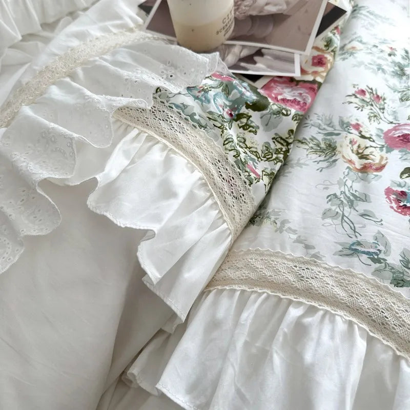 Juego de fundas de edredón con volantes, de 3 piezas ropa de cama, Floral, 100% algodón, blanco, 2 fundas de almohada, US/UK, Super King size