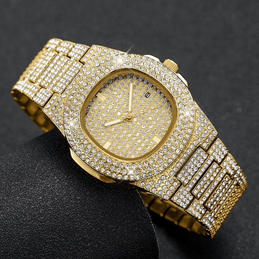 Relojes de Lujo para Hombre de Acero Inoxidable con Diamantes Completos, Reloj de Pulsera Deportivo de Cuarzo con Calendario