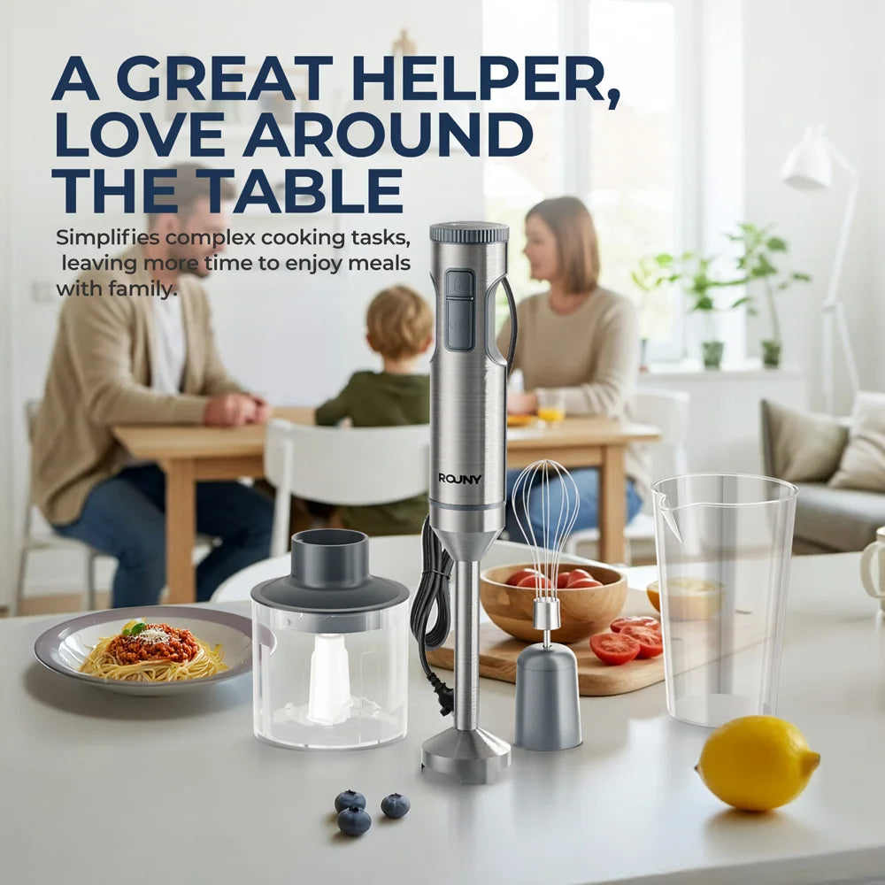 ROUNY Licuadora de inmersión manual 4 en 1 potente de 1000 W, batidora de alimentos con varilla de acero inoxidable, vaso mezclador de 700 ml, procesador de 500 ml, batidor