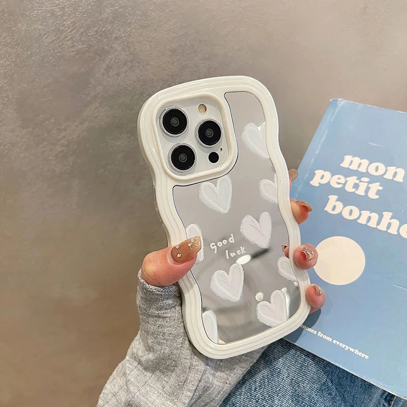 Funda de teléfono con espejo de maquillaje de corazón blanco encantador coreano para iPhone 17 Air 14 15 16 Pro Max 13 11 12 14 Plus XS X XR cubierta a prueba de golpes
