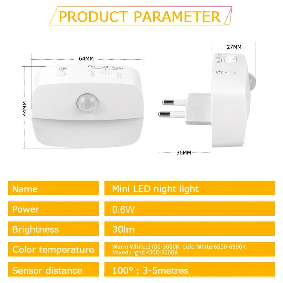 Luz LED nocturna con enchufe UE EE. UU., luz con Sensor de movimiento inteligente, lámpara de pared de 220V para el hogar, pasillo, escalera, cocina, dormitorio, lámpara de noche