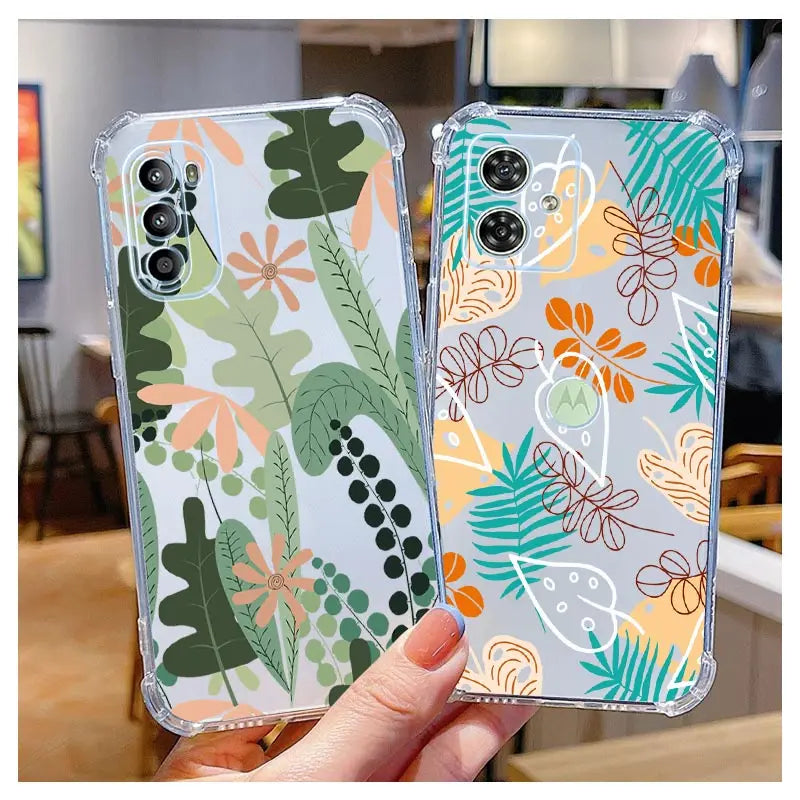 Funda de teléfono transparente G54 flores y hierba para Motorola Moto G54 G53 G52 G72 G82 G13 G73 G32 G84 G14 G42 G24Power G30 G9