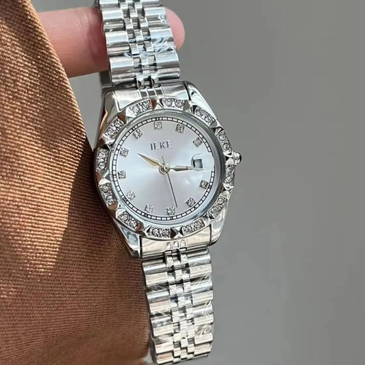 Reloj con banda de acero de aleación sólida con acento de cristal para mujer, elegante vestido, relojes con calendario de cuarzo para mujer