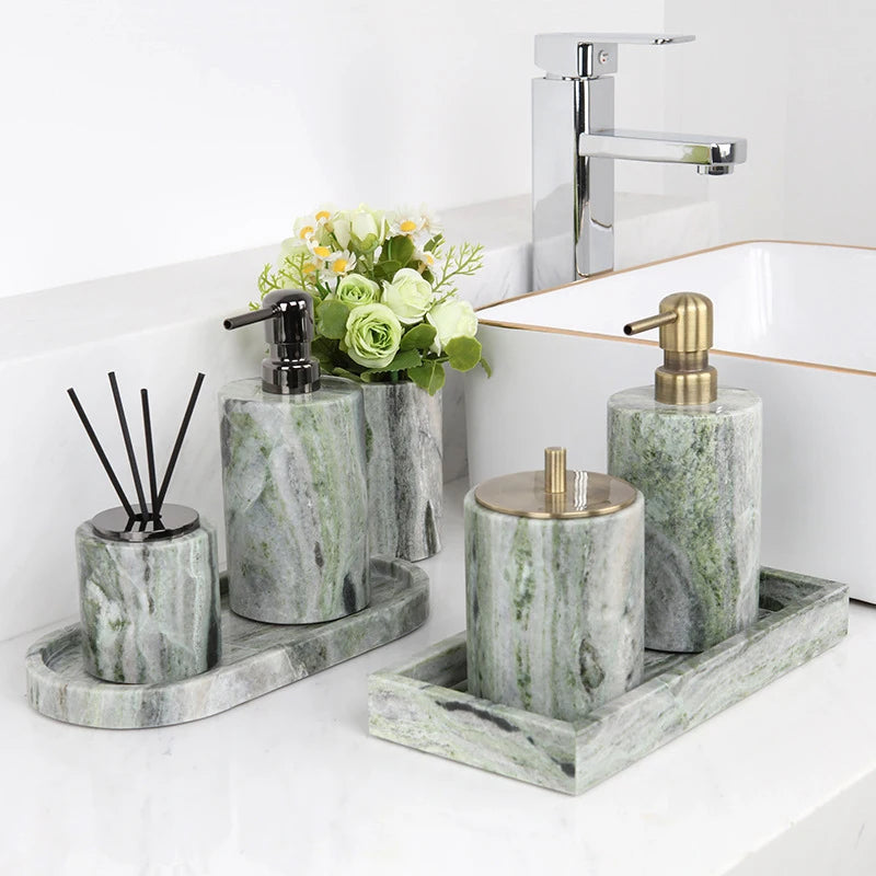 Juego de baño de mármol Natural verde esmeralda, jabonera de lujo, hisopos de algodón, tarro, difusor de caña, bandeja de tocador, accesorios de baño