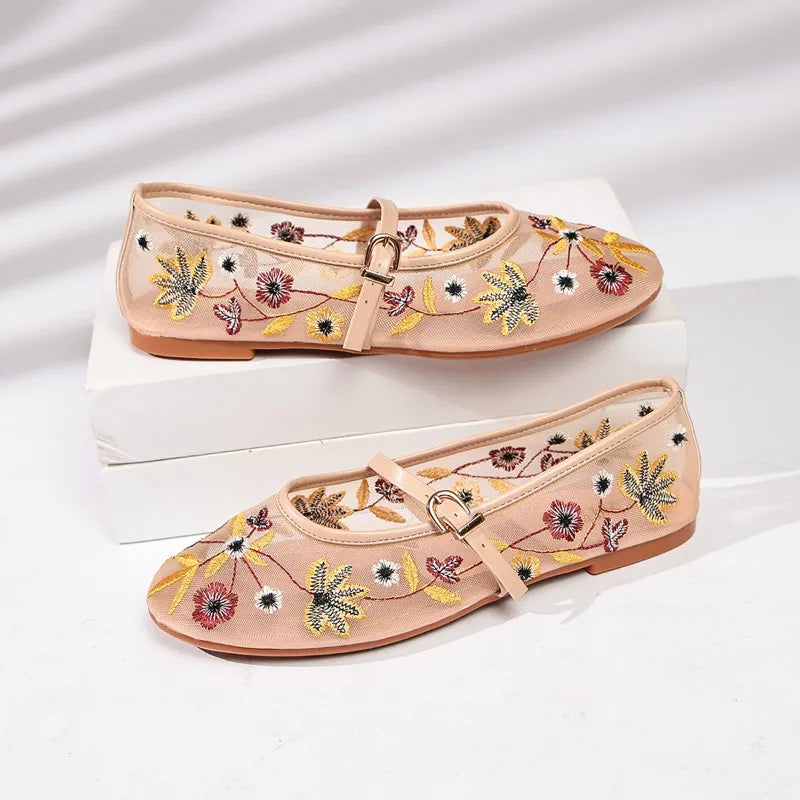 Zapatos Mary Jane de malla con bordado floral de primavera para mujer, zapatos con correa y hebilla concisa, zapatos de suela suave, zapatos planos de ballet transpirables para mujer
