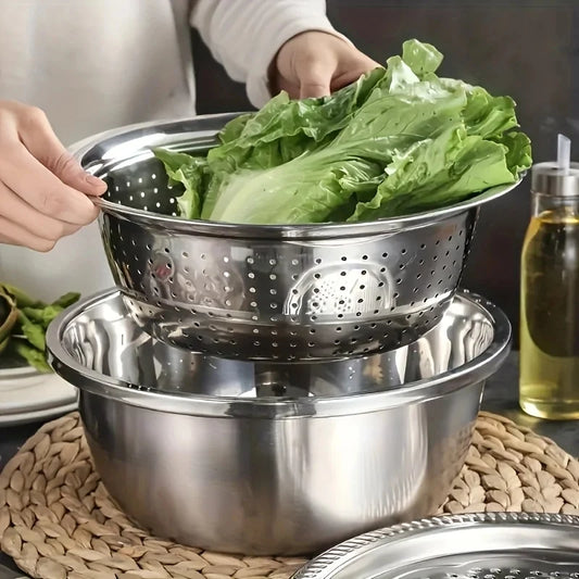 Juego de 3 Utensilios de Cocina de Acero Inoxidable, Tazón para Mezclar Multifuncional, Cortador de Verduras, Pelador de Frutas