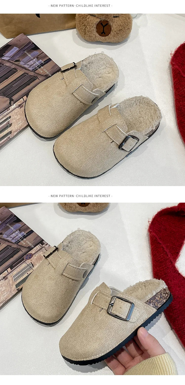 2025 niños niñas invierno cálido felpa corcho cama piel zuecos zapatillas señora peluda casa pisos zapatillas de algodón