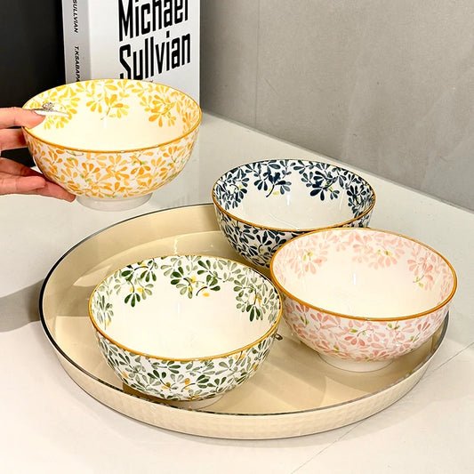 Cuenco de cerámica de gran capacidad de 6 pulgadas con patrón de flores para las cuatro estaciones, para fideos, sopa, ensalada, Pasta, apto para microondas/lavavajillas