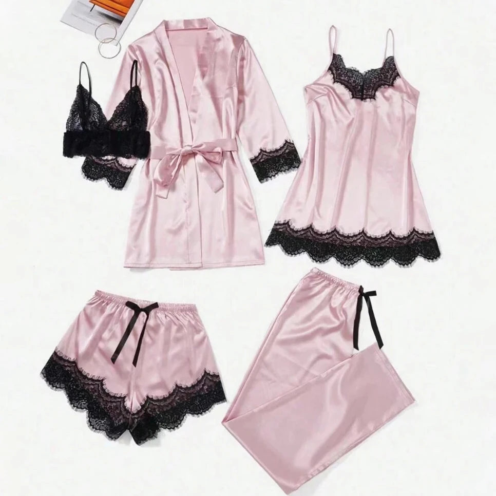 Conjunto de pijama de satén para mujer, bata de lencería Sexy, albornoz de encaje de seda, vestido de noche, pantalones, ropa de dormir para el hogar, 5 piezas