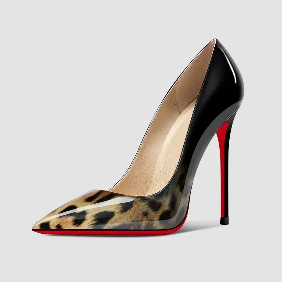 2025New gradiente fondo rojo tacones grandes Sexy patrón de leopardo puntiagudos zapatos profesionales de mujer negro graduación zapatos individuales