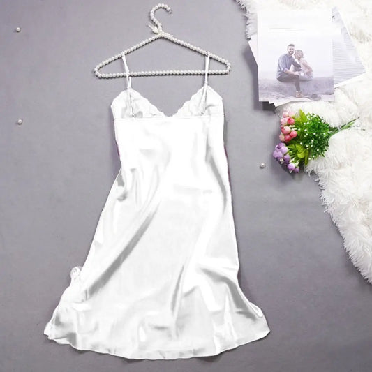 Vestido de pijama con lazo de encaje para mujer, camisón con tirantes de seda helada sin mangas dividido, ropa de dormir, camisón fino con tirantes, chica picante