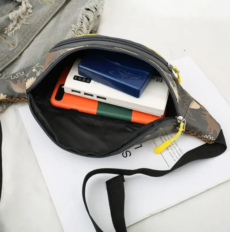 Lindas bolsas de almacenamiento de dinosaurio de dibujos animados para niños, teléfono, auriculares, bolsa de dinero, organizador de moda, bolsa de pecho y cintura, bolsa de cinturón para niños