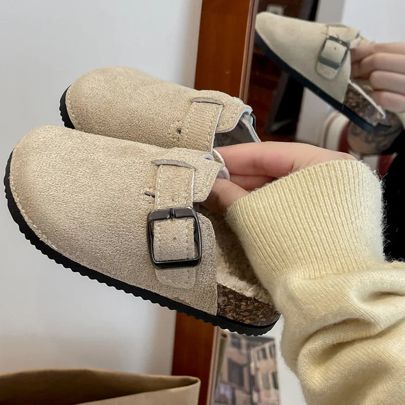 2025 niños niñas invierno cálido felpa corcho cama piel zuecos zapatillas señora peluda casa pisos zapatillas de algodón