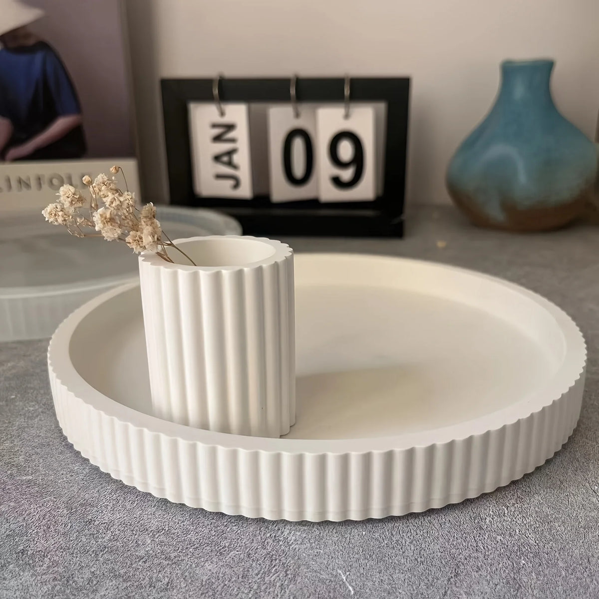 Bandeja redonda a rayas, bandeja de almacenamiento decorativa, Base de macetero, molde de silicona para adorno de yeso de resina, molde de silicona de hormigón, 1 ud.
