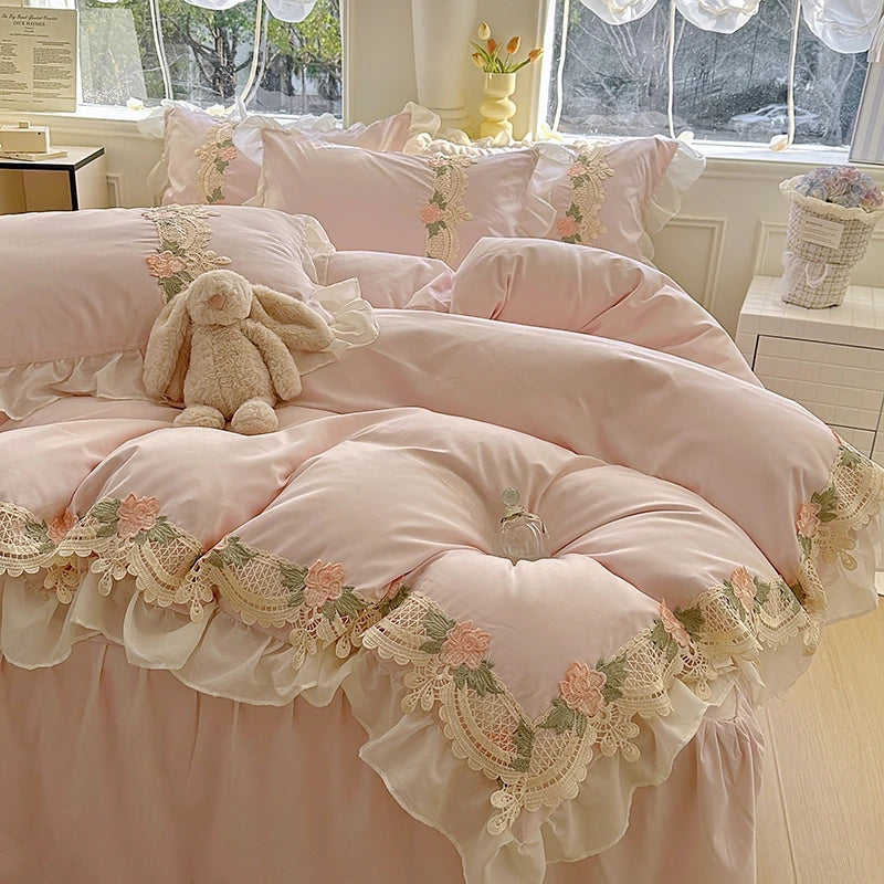 Juego de Ropa de Cama Estilo Princesa INS 2026, con Volantes, Encaje y Lazo, Funda de Edredón Romántica para Mujer, Juego de 4 Piezas