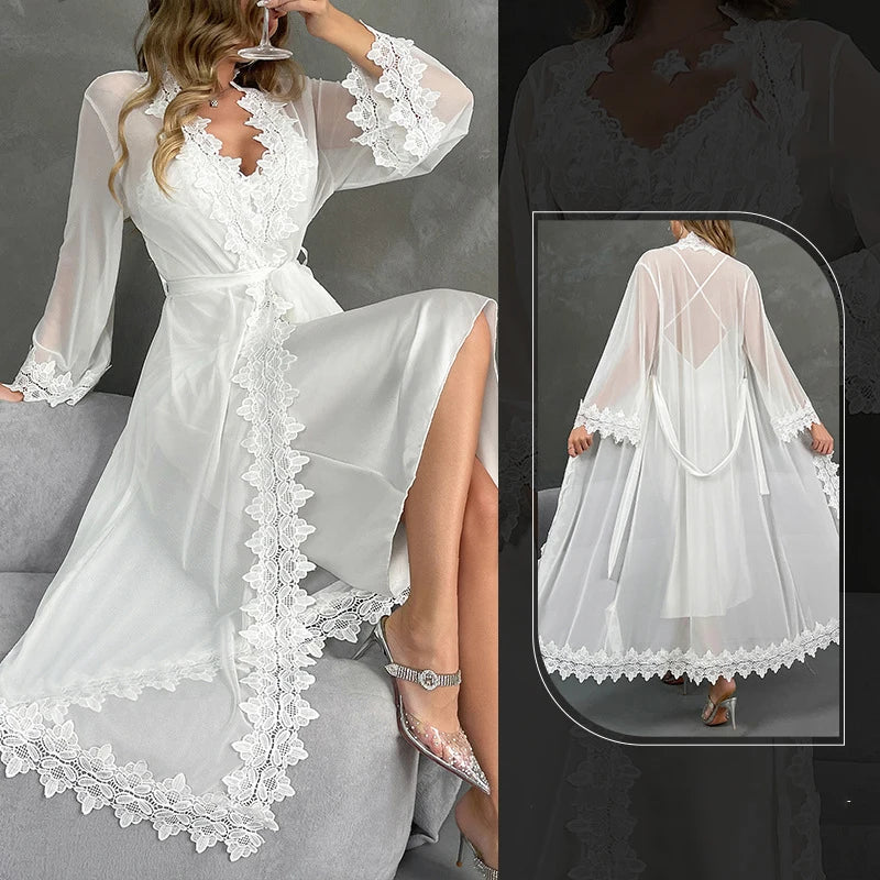 Conjunto de camisón y bata de encaje Sexy para mujer, camisón blanco de seda helada con tirantes, lencería, novedad de verano, ropa de dormir para el hogar