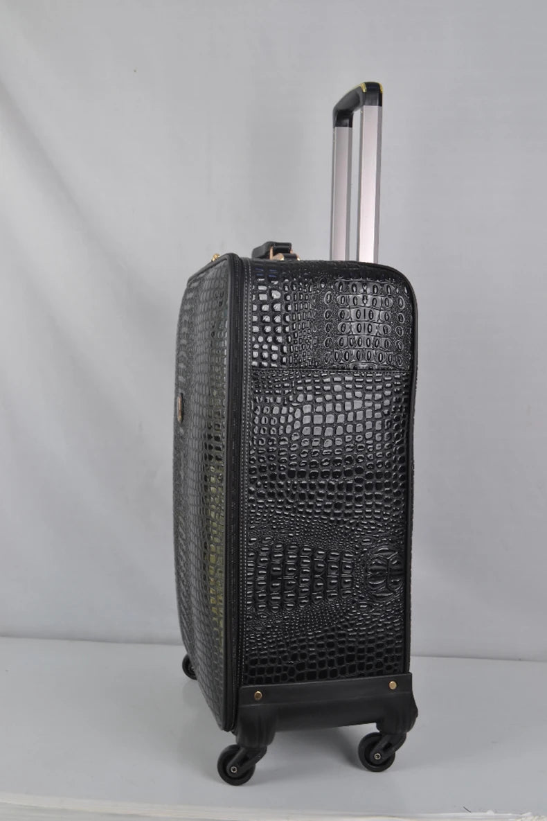 Equipaje rodante de cuero con patrón de cocodrilo, maleta con ruedas de embarque de 16/20/24 pulgadas, equipaje de viaje de cuero real para hombres y mujeres