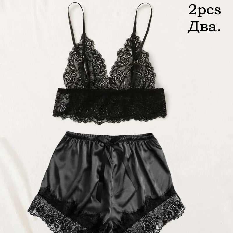 Conjunto de pijama de satén para mujer, bata de lencería Sexy, albornoz de encaje de seda, vestido de noche, pantalones, ropa de dormir para el hogar, 5 piezas