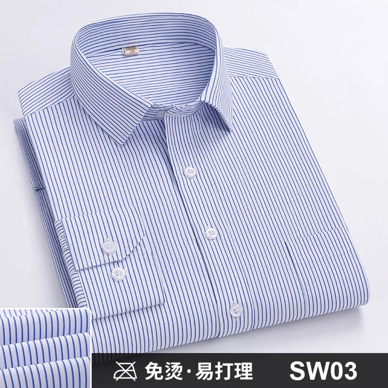 Camisa Formal de manga larga para hombre S ~ 8XL, camisas blancas de negocios de moda de gran tamaño a rayas de Color sólido, antiarrugas y sin planchar