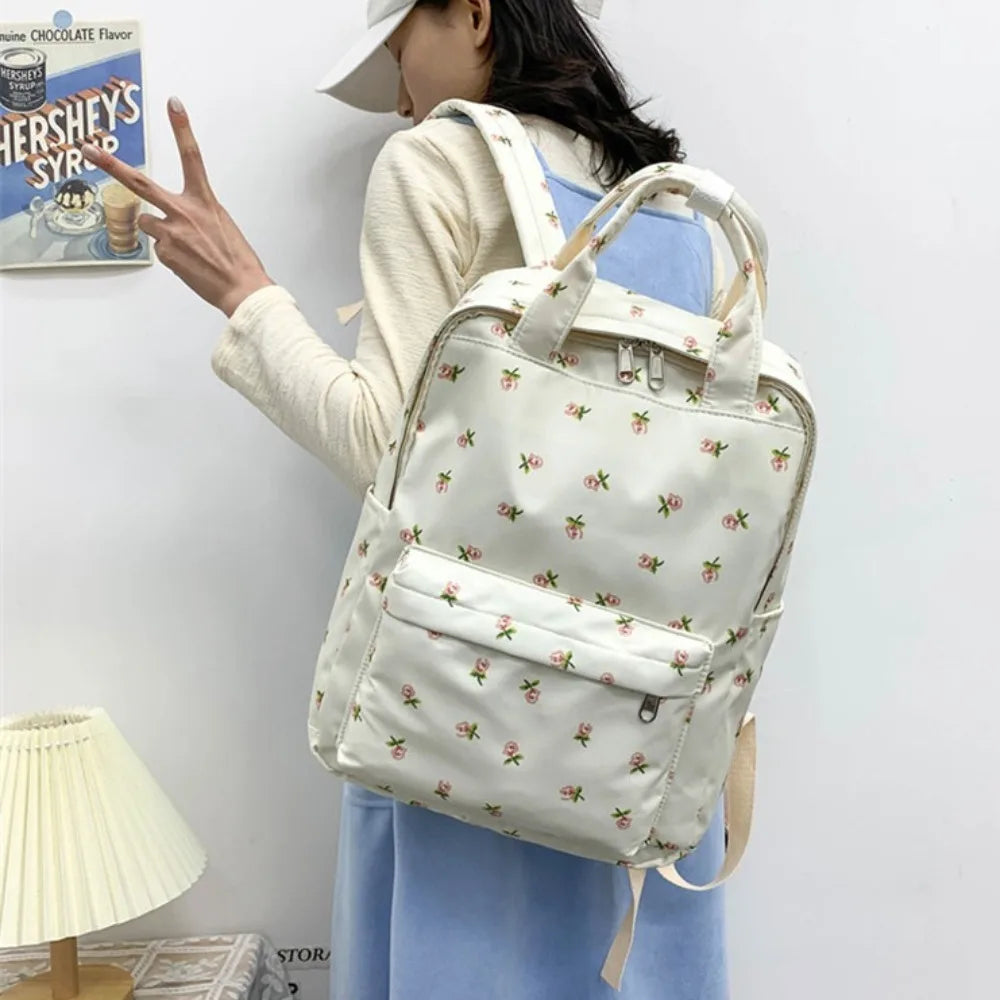 Mochila de moda de gran capacidad para mujer, mochila con estampado de flores y asa para estudiantes, mochila escolar de nailon de estilo japonés para estudiantes