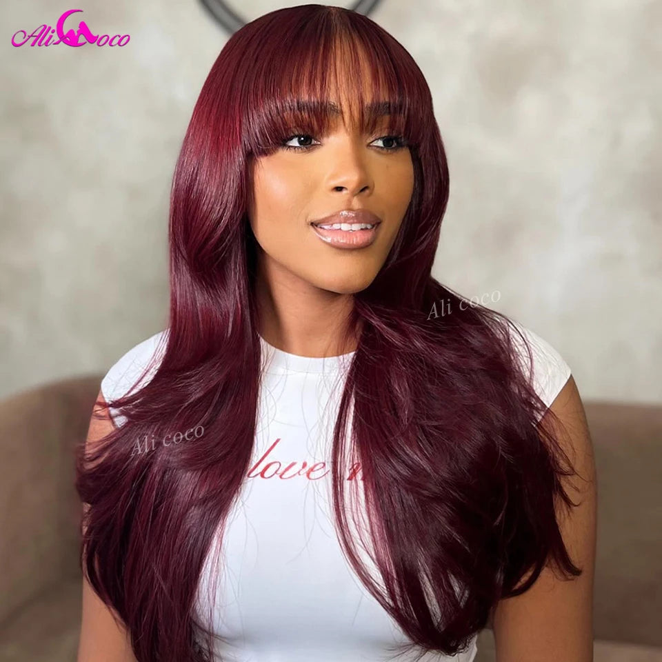 Pelucas frontales de encaje Borgoña 99j, cabello humano 13x4, peluca Frontal transparente con flequillo, prearrancado con cabello de bebé, densidad de 200