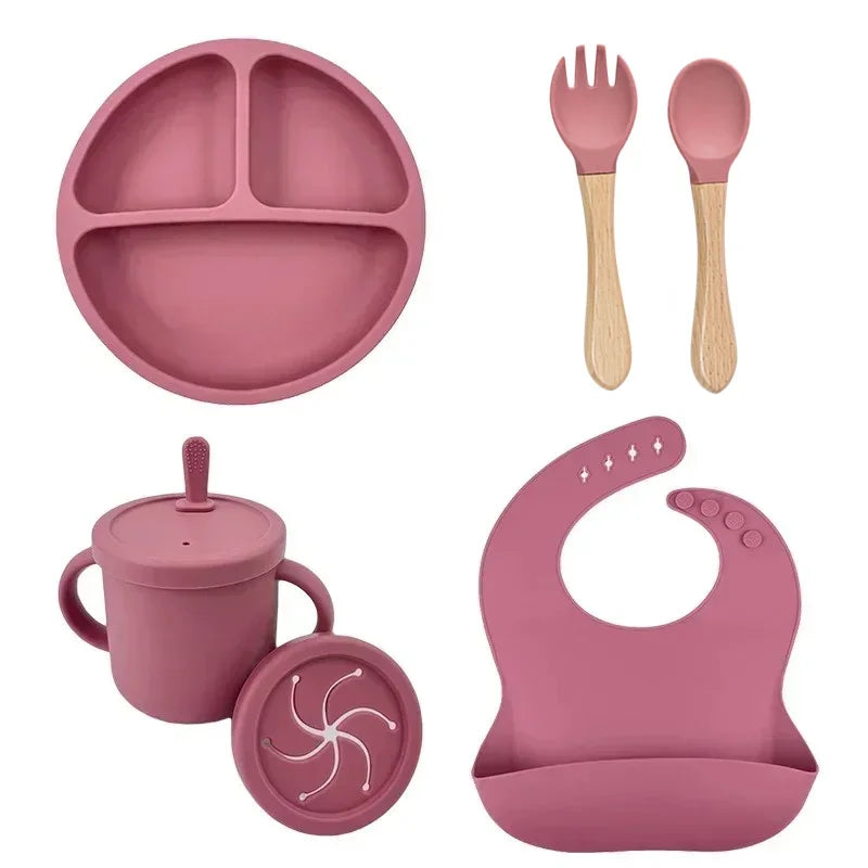 Juego de platos de silicona de grado alimenticio para niños, tazón de alimentación de bebé, plato de succión, taza de paja, cuchara de madera, tenedor, vajilla para niños, platos para niños pequeños