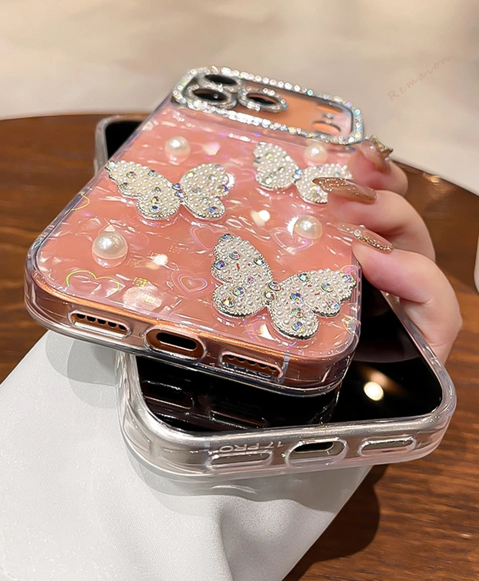 Funda de teléfono con purpurina y diamantes para iPhone 17 Air 11 12 13 16 Pro Max 15 14 16 Plus 17Pro Max, funda protectora de mariposa bonita