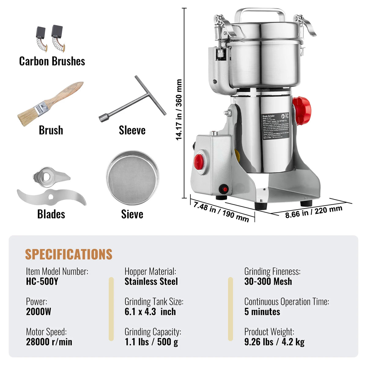 SucceBuy-molinillo de granos eléctrico, molinillos de especias oscilantes comerciales para hierbas secas, granos, especias, cereales, café y maíz, 150-2500g