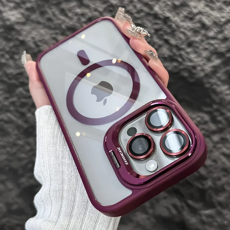 Funda de teléfono magnética de lujo a prueba de golpes para iPhone 16 15 14 13 12 11 Pro Max Plus Pro Funda con soporte de protección de lente de vidrio contraportada