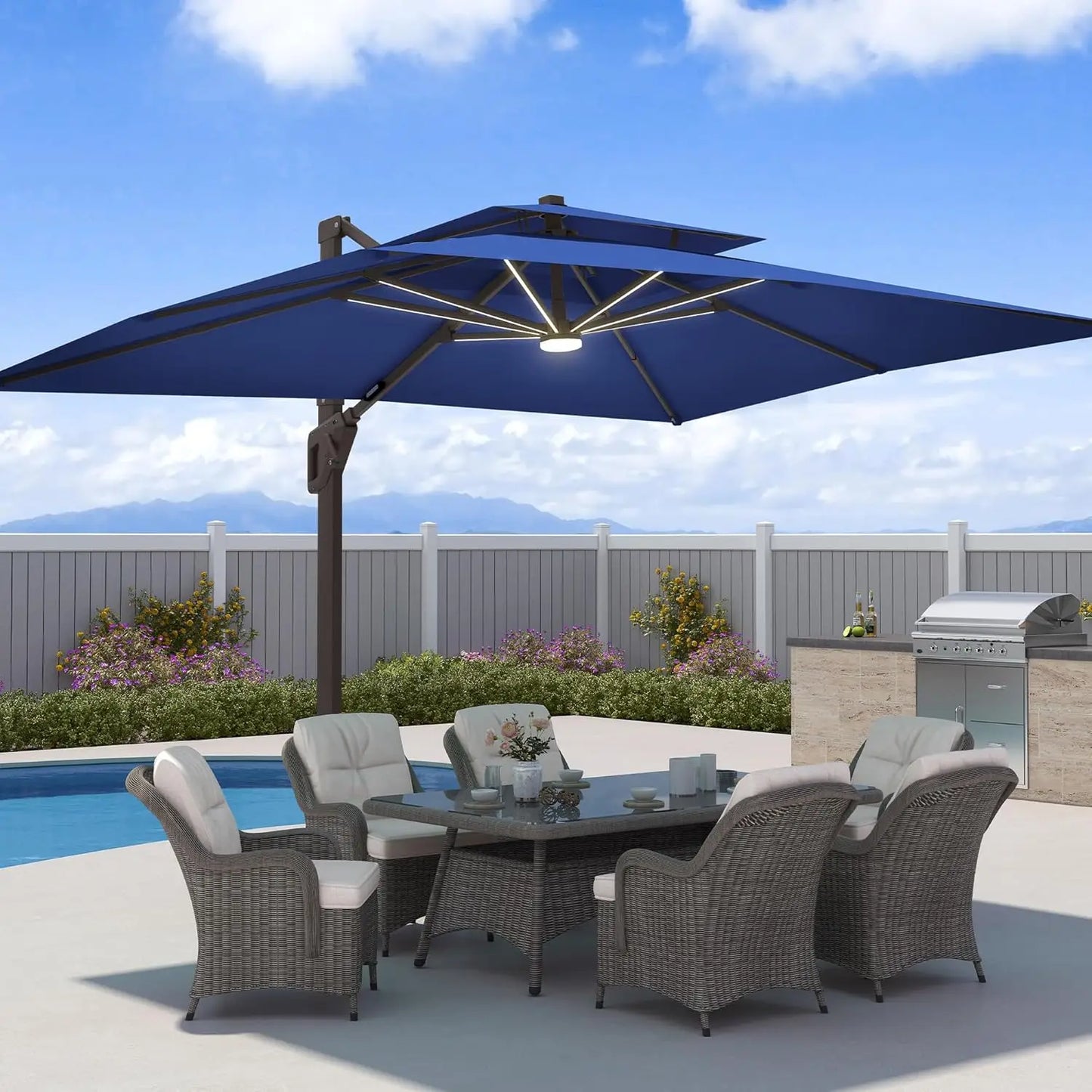 Sombrilla de Patio de 9x12 Pies con Luces LED, Sombrilla Rectangular Grande y Resistente de Aluminio para Exteriores, Personalizable