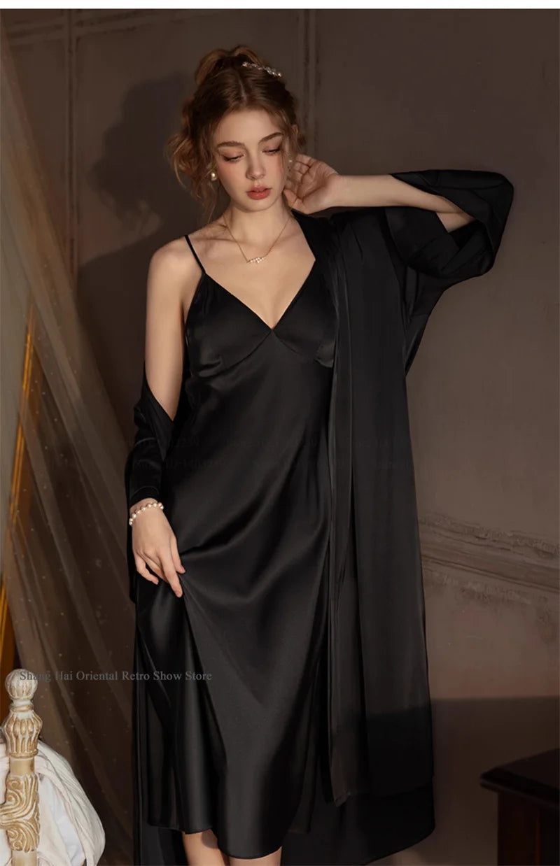 Elegante Conjunto de Bata Larga para Mujer, Lencería Sexy, Ropa de Dormir, Kimono Holgado, Bata de Baño, Vestido de Casa de Satén Sedoso, Ropa de Estar