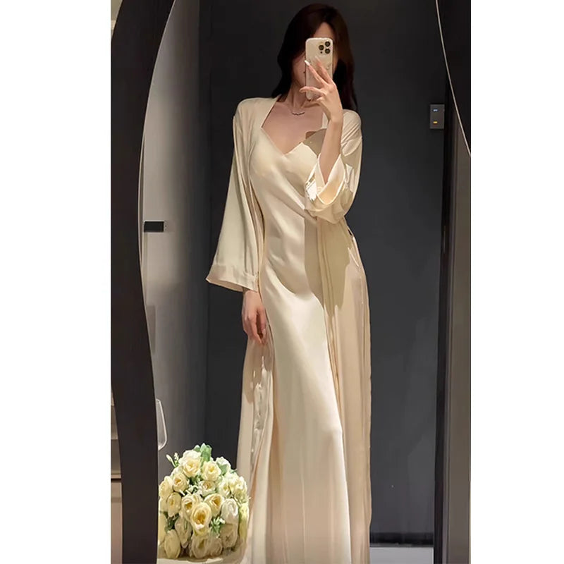 Vestido largo Sexy Vestidos De Novia Color sólido Kimono Albornoz Vestido señora otoño nueva ropa De dormir De rayón Pijama Mujer lencería íntima