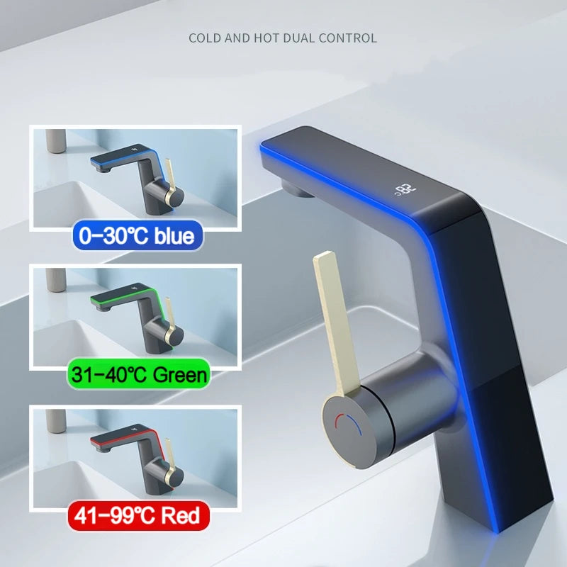 Grifo de lavabo de alta gama con pantalla de temperatura, luz LED, 2 modos de pulverización, mezclador de agua fría y caliente, grifo de lavabo de un solo orificio para baño