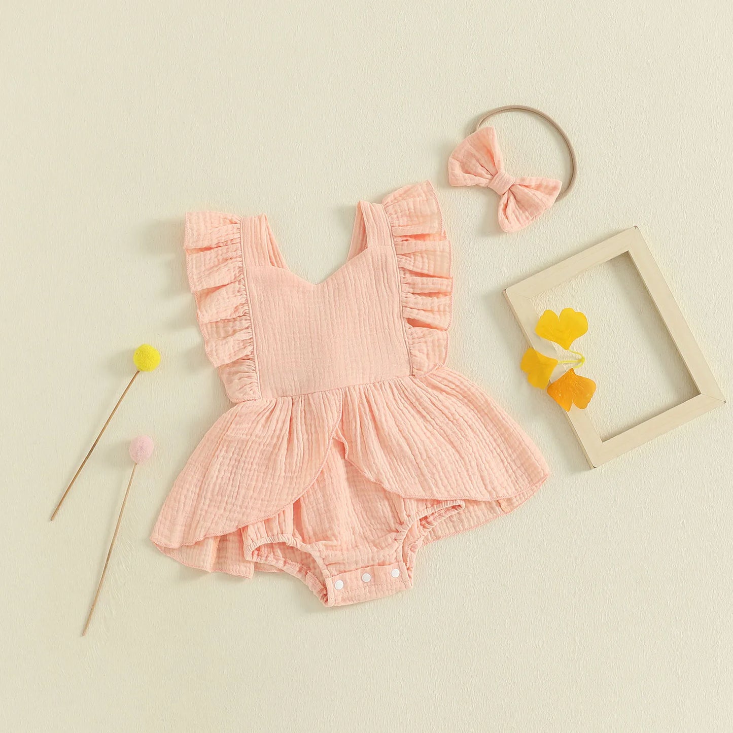 FOCUSNORM 0-18M encantador vestido mameluco para niñas cuello cuadrado manga voladora monos de Color sólido con conjunto de diadema con lazo