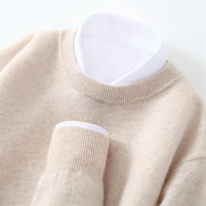 Otoño/Invierno, jersey de cachemira pura de 100% para hombre, suéter de punto liso informal de negocios, Tops sueltos de cuello redondo, jersey grueso y cálido