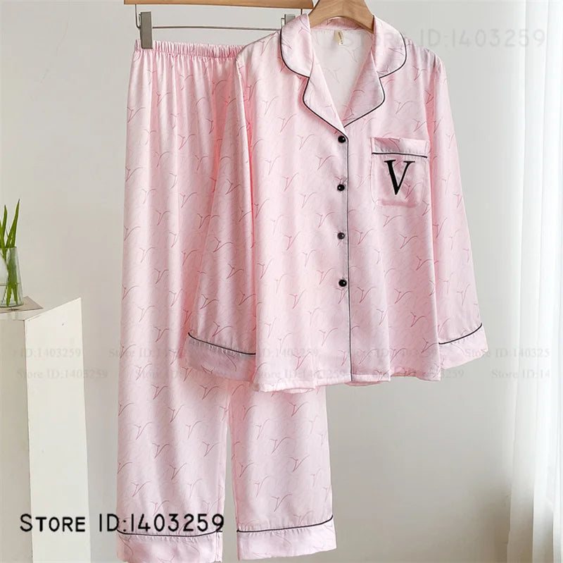 Nuevos Pijamas de satén sedoso para mujer, conjunto de 2 uds de Pijamas, ropa de dormir para primavera y otoño, ropa de salón, ropa de casa informal holgada para mujer, lencería