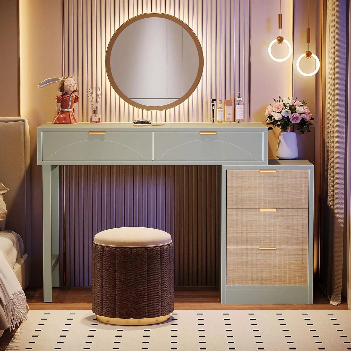 Makeup Vanity Desk with 5 Drawers, Modern Small Dressing Desk with Storage, Wood Make Up Table for Bedroom, Narrow, Customized