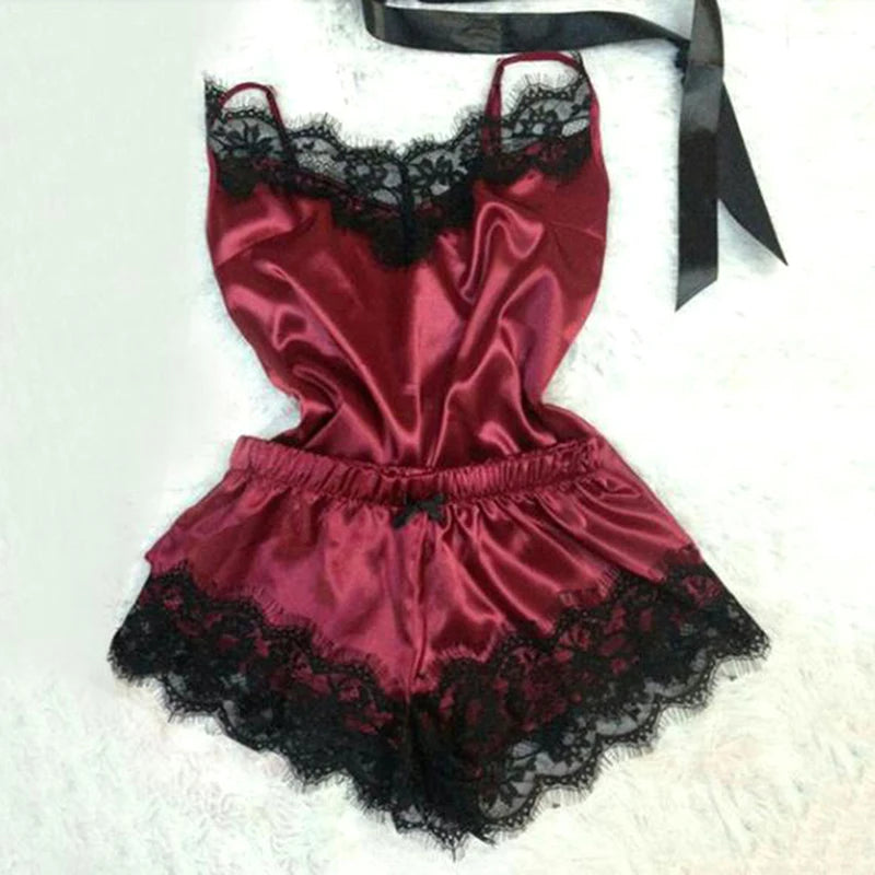Conjunto de pijama de satén con encaje para mujer, ropa de dormir erótica, Sexy, con tirantes, a la moda