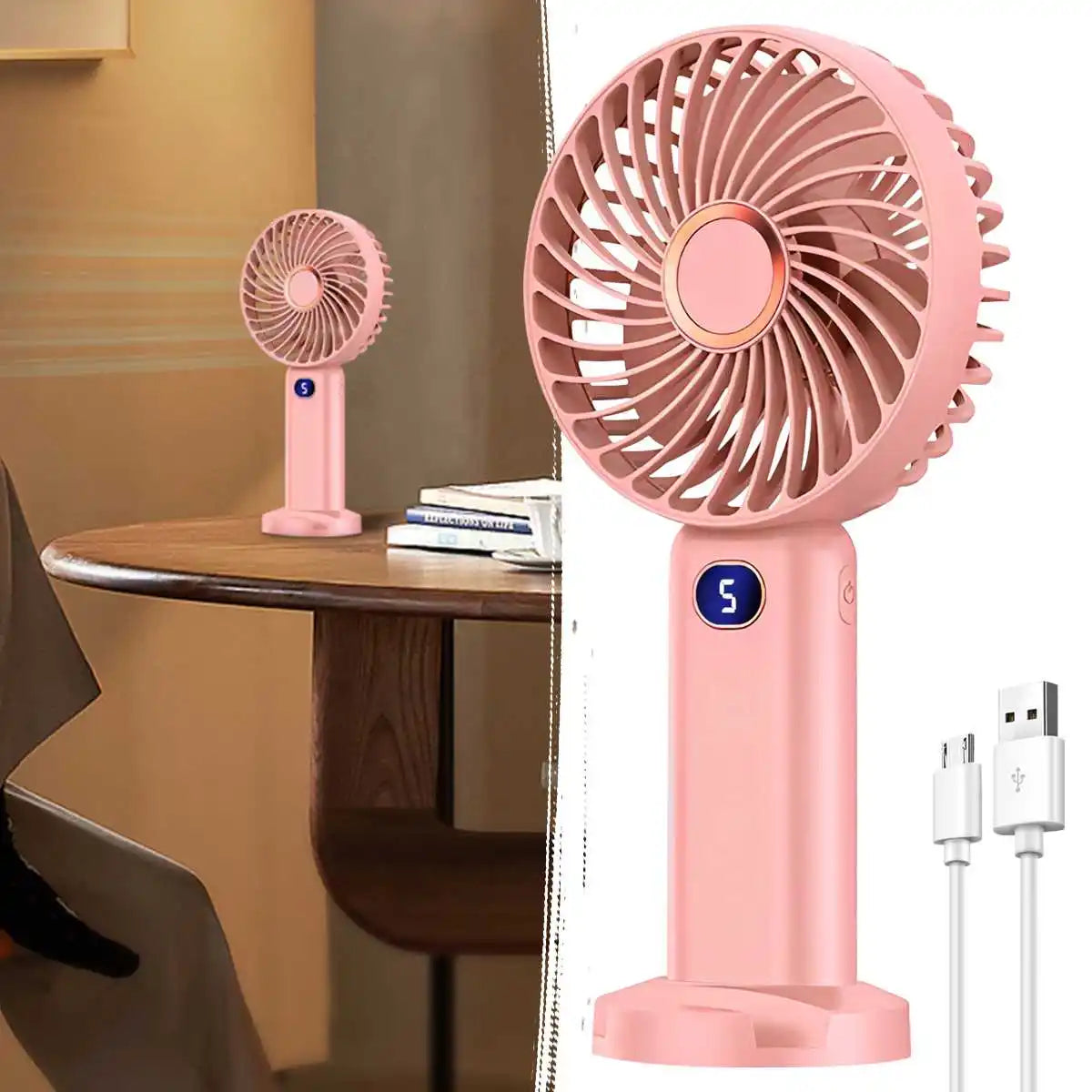 Ventilador portátil de mano, miniventilador recargable por USB, pantalla Digital, ajuste de 5 velocidades, adecuado para viajes, exteriores, oficina y hogar